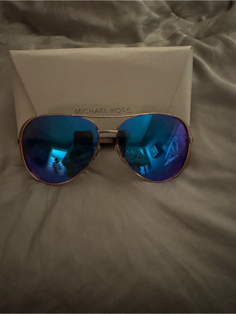 Michael Kors Gold-Frame Aviator Sunglasses with Blue Mirrored Lenses